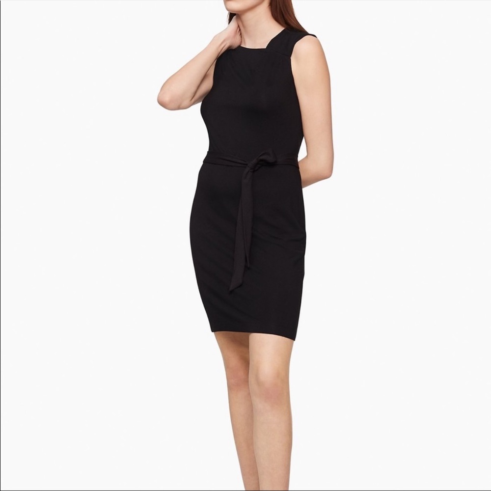 Calvin Klein Asymmetric Neck Belted Sheath Dress